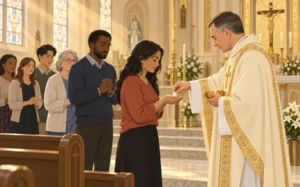 Catholics receiving Holy Communion together at Mass - unity of the Church through the Eucharist