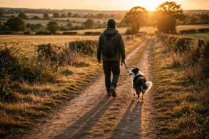 An owner and dog walking together at golden hour, bonding on a daily dog walk