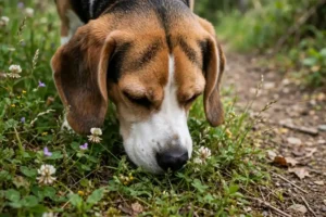 A dog enjoying sniffing grass and flowers during a daily walk, mental stimulation for dogs