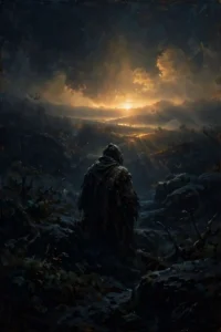 A person in darkness looking toward a distant light, picturing hope in God during suffering