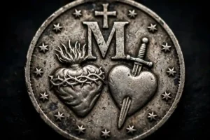 Close-up of the Miraculous Medal reverse showing the M, the cross, and the two hearts