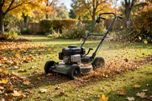 A mower mulching fallen leaves into a lawn instead of raking them