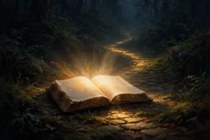 Open Bible glowing like a lamp in darkness, illustrating Psalm 119:105