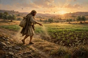 : A sower scattering seed across a field at golden hour, the Parable of the Sower