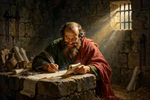 Paul the Apostle writing joyfully in a prison cell with light streaming in