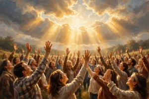 Believers worshipping with joy as light breaks through clouds in praise