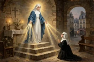 The Virgin Mary appearing to Saint Catherine Laboure in the Rue du Bac chapel in 1830